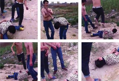 Screenshots of a video show youths beating a teenager in Beijing.