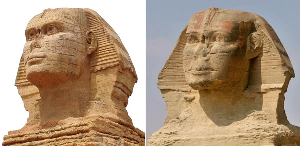 A same-size replica of an icon of ancient Egyptian culture was built in Shijiazhuang, capital of Hebei province. The Egyptian government says the duplicate undermines their country's Great Sphinx of Giza (right). The replica is made of concrete reinforced with steel.[Photo provided to China Daily] 