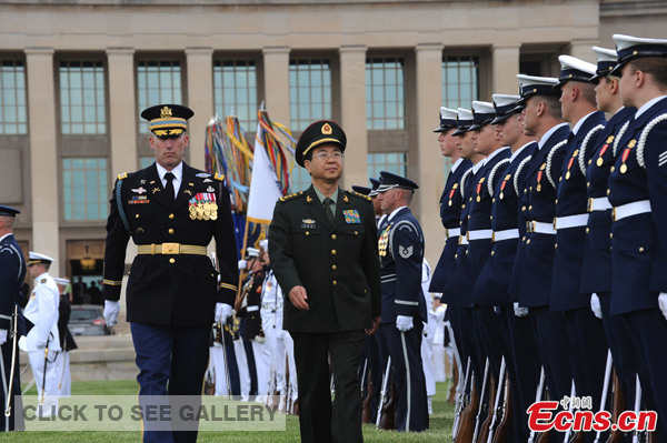 Fang Fenghui, chief of the General Staff of China's People's Liberation Army (PLA), receives a full-military-honors arrival ceremony at the Pentagon in Washington, US, May 15, 2014.