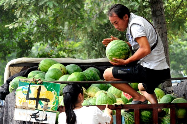 A watermelon vendor shows his fruit to a customer in Zhengzhou, capital of Henan province, in July. The Zhengzhou government has created a micro blog to help farmers sell watermelons. Provided to China Daily