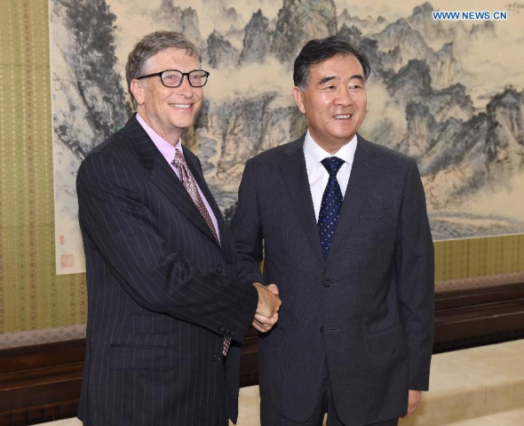 Chinese Vice Premier Wang Yang (R) meets with Bill Gates, co-chair of the Bill &Melinda Gates Foundation, in Beijing, capital of China, June 17, 2014. (Xinhua/Ma Zhancheng)
