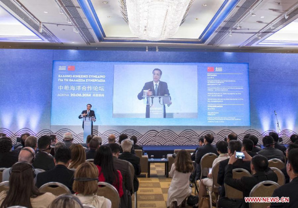 Chinese Premier Li Keqiang addresses the China-Greece Maritime Cooperation Forum in Athens, capital of Greece, June 20, 2014. (Xinhua/Pang Xinglei)