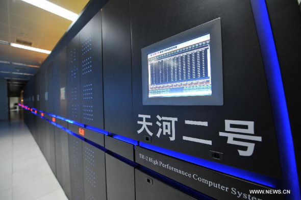 Photo taken on June 16, 2013 shows the Tianhe-2 supercomputer developed by China's National University of Defense Technology in Changsha, capital of central China's Hunan Province. Tianhe-2, which means Milky Way-2 in Chinese, remains the world's most powerful computer, according to a biannual Top500 list of supercomputers released on June 23, 2014. It is the third time Tianhe-2 has topped the list. (Xinhua/Long Hongtao)