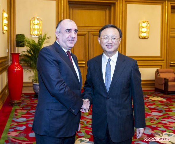 Chinese State Councilor Yang Jiechi (R) meets with Azerbaijan's Foreign Minister Elmar Mammedyarov in Beijing, China, July 1, 2014. (Xinhua/Wang Ye)