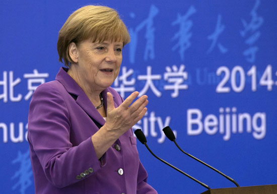 German Chancellor Angela Merkel delivers a speech during a visit to the Tsinghua University in Beijing, China, 08 July 2014.