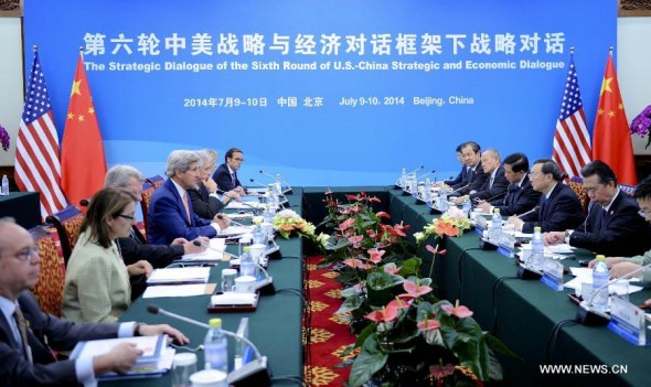 Chinese State Councilor Yang Jiechi (3rd R) and U.S. Secretary of State John Kerry (4th L) co-chair the opening ceremony of the Strategic Dialogue of the Sixth Round of China-U.S. Strategic and Economic Dialogue in Beijing, capital of China, July 9, 2014. (Xinhua/Zhang Duo) 