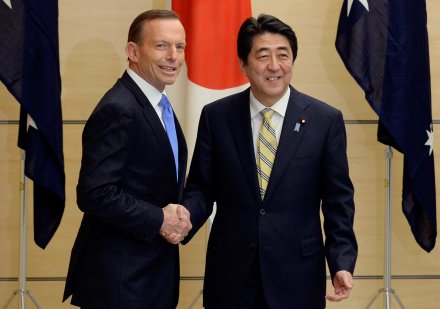 Shinzo Abe and Tony Abbott in Canberra this week (Photo: ABC)