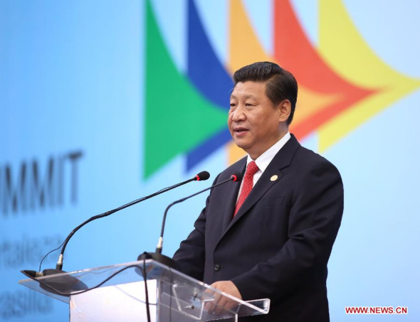 Chinese President Xi Jinping delivers a speech during the sixth BRICS summit in Fortaleza, Brazil, July 15, 2014. (Xinhua/Lan Hongguang)