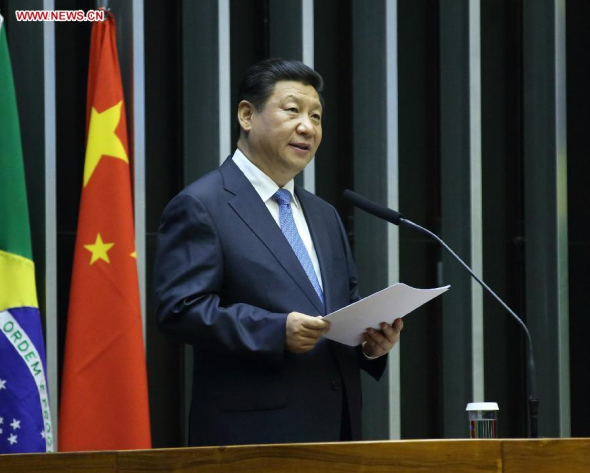 Chinese President Xi Jinping delivers a speech at the Brazilian National Congress in Brasilia, Brazil, July 16, 2014. (Xinhua/Lan Hongguang)