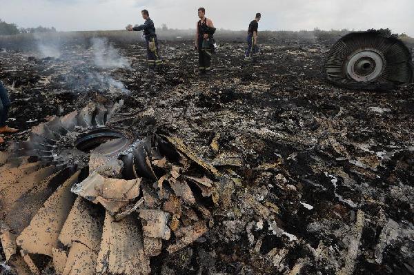 Photo taken on July 17, 2014 shows the debris at the crash site of a passenger plane near the village of Grabovo, Ukraine. A Malaysian flight crashed Thursday in eastern Ukraine near the Russian border, with all the 280 passengers and 15 crew members on board reportedly having been killed. (Xinhua/RIA Novosti)