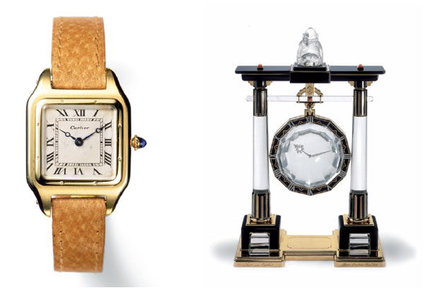 The Santos-Dumont wristwatch (left) made by Cartier Paris in 1912 and large 'Portique' Mystery Clock made by Cartier Paris in 1923. Photos Provided to China Daily