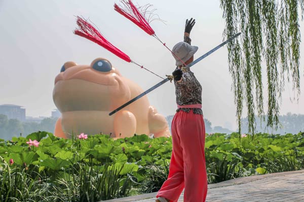 A woman practises a Chinese martial art in front of an inflatable golden toad in Beijing's Yuyuantan Park since July 19. The toad's image has stirred debate on the internet between supporters and detractors. Hua Yu / for China Daily