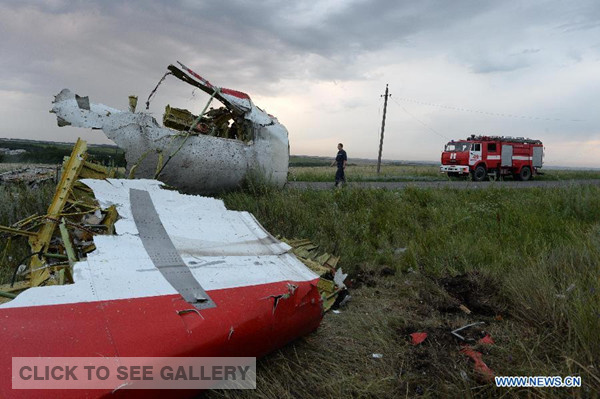 Photo taken on July 17, 2014 shows the debris at the crash site of a passenger plane near the village of Grabovo, Ukraine. (Xinhua/RIA Novosti)