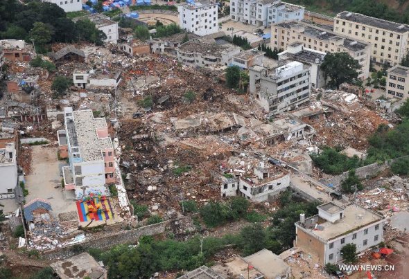 This aerial photo taken on Aug 4, 2014 shows buildings toppled down by a 6.5-magnitude earthquake at the quake's epicenter in Longtoushan Town under Ludian County of Zhaotong, southwest China's Yunnan province.  (Xinhua/Xue Yubin)