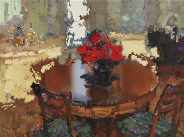 Red Flowers on Table, by Zhang Jingsheng in 2013, is displayed at the My Homeland, My People exhibition in Jinan. Provided to China Daily