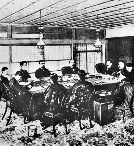 HUMILIATION: An artist's representation of representatives from the Qing Dynasty and Japan negotiating the Treaty of Shimonoseki in Japan on April 17, 1895 (XINHUA)