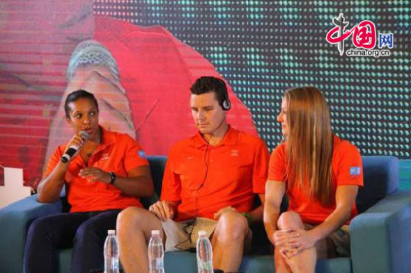 (From left to right) Olympic champions and medalists Lucie Decosse of France, Patrick Murphy of Australia and Heather Moyse of Canada attended the forum on Monday evening, August 18, 2014. [By Xiang Bin/China.org.cn]