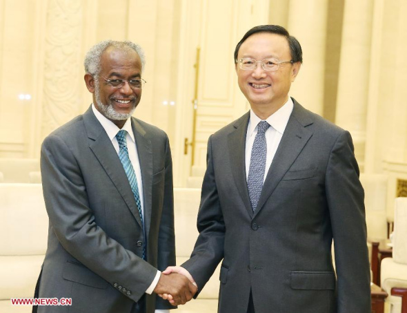 Chinese State Councilor Yang Jiechi (R) meets with visiting Sudanese Foreign Minister Ahmed Ali Karti in Beijing, capital of China, August 27, 2014. (Xinhua/Yao Dawei)