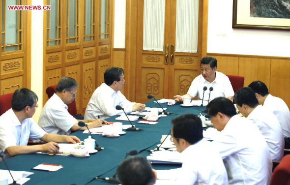 Chinese President Xi Jinping (rear) speaks after hearing a report on the progress of the mass line campaign in central China's Henan Province, in Beijing, capital of China, Aug. 27, 2014. (Xinhua/Ju Peng)