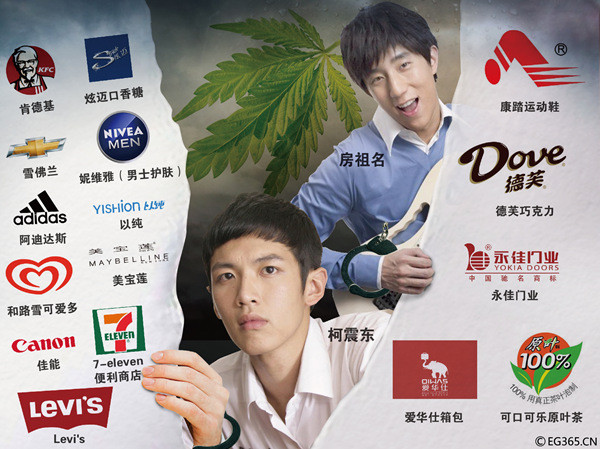 The widely publicized arrest of Kai Ko (L) and Jaycee Chan for drug abuse will likely affect the earnings of the two young actors' commercials and endorsements for products.