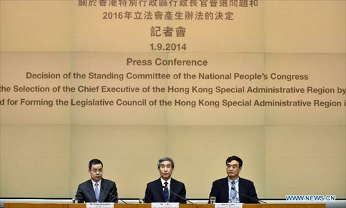 Li Fei (C), vice secretary-general of the National People's Congress (NPC) Standing Committee, Zhang Rongshun (L), vice-chairperson of the Legislative Affairs Commission of the NPC Standing Committee, and Feng Wei, deputy director of Hong Kong and Macao Affairs Office of the State Council, are present at a briefing session concerning the NPC Standing Committee's Decision on Issues Relating to the Selection of the Chief Executive of the Hong Kong Special Administrative Region by Universal Suffrage and on the Method for Forming the Legislative Council of the Hong Kong Special Administrative Region in the Year 2016, in Hong Kong, south China, Sept 1, 2014. Photo: Xinhua