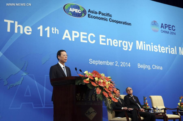 Chinese Vice Premier Zhang Gaoli addresses the opening ceremony of the 11th APEC Energy Ministerial Meeting in Beijing, capital of China, Sept. 2, 2014. (Xinhua/Ding Lin)