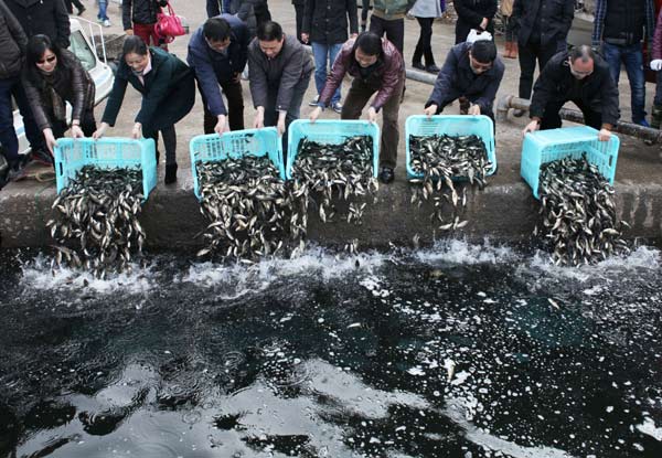 Workers at the Shanxi Reservoir in Wenzhou put fry into the reservoir in December 2012. PROVIDED TO CHINA DAILY  