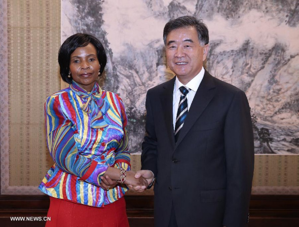Chinese Vice Premier Wang Yang (R) meets with South African International Relations and Cooperation Minister Maite Nkoana-Mashabane in Beijing, China, Sept. 4, 2014. (Xinhua/Pang Xinglei)