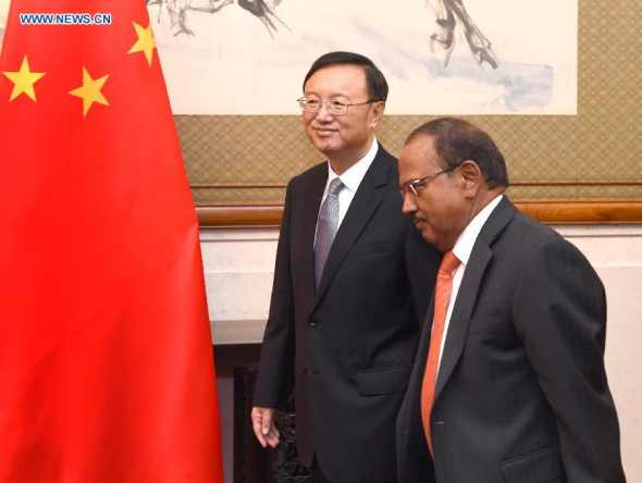 Chinese State Councilor Yang Jiechi (L) holds talks with Ajit Doval, special envoy and national security adviser to Indian Prime Minister Narendra Modi, in Beijing, capital of China, Sept. 9, 2014. (Xinhua/Liu Jiansheng)