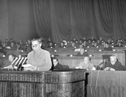 GOVERNMENT WORK: Premier Zhou Enlai (1898-1976) delivers a government work report at the First Plenary Session of the Third National People's Congress on December 21, 1964 (XINHUA)
