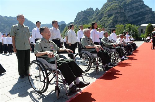 Veterans attend a commemoration of the 69th anniversary of victory in China's War of Resistance against Japanese Aggression (1937-45) held in Beijing on September 3.