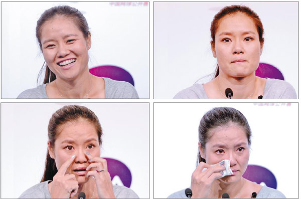 China's tennis ace Li Na gets emotional at a news conference to announce her retirement in Beijing on Sunday. Wei Xiaohao / China Daily  