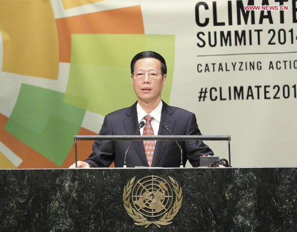 Zhang Gaoli, Chinese vice premier and President Xi Jinping's special envoy, addresses the United Nations Climate Summit 2014 at the UN headquarters in New York Sept 23, 2014. (Xinhua/Ding Lin)