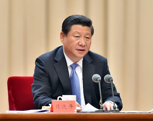 Chinese President Xi Jinping delivers an important speech during a nationwide teleconference marking the end of a sweeping mass-line campaign, in Beijing, capital of China, Oct. 8, 2014.  Mass line refers to aguideline under which officials and members of the Communist Partyof China (CPC) are required to prioritize the interests of the people and persist in exercising power for them. (Xinhua/Li Tao)