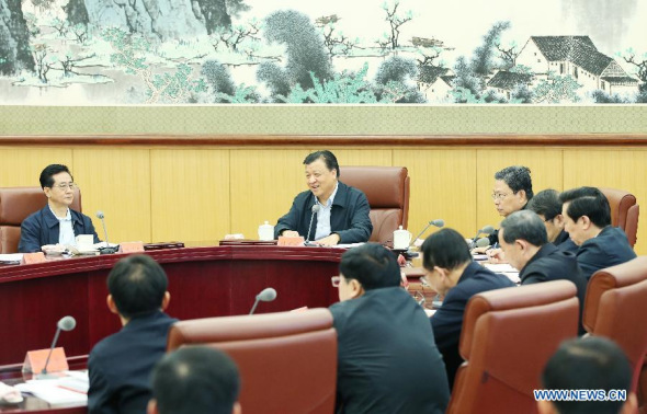 Liu Yunshan (2nd L), a member of the Standing Committee of the Political Bureau of the Communist Party of China Central Committee, presides over a meeting on the Party's mass-line campaign in Beijing, China, Oct. 12, 2014. (Xinhua/Yao Dawei)