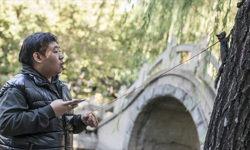 A man plays with his pet squirrel in a park in Shijingshan district, Beijing. Photo: Li Hao/GT