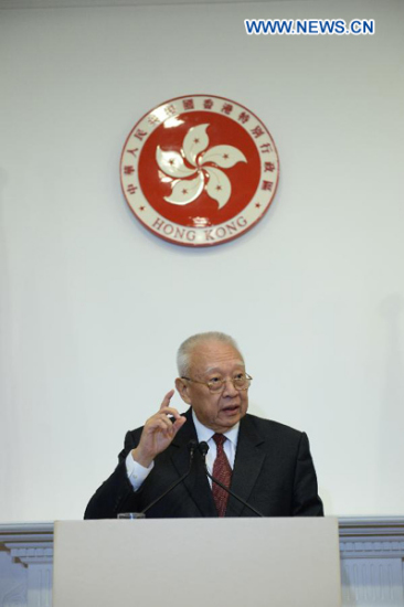 Tung Chee-hwa, vice chairman of the National Committee of the Chinese People's Political Consultative Conference and Hong Kong's former Chief Executive, speaks at a press conference in Hong Kong, South China, Oct. 24, 2014. At the press conference on Friday, Tung called on protesters to end the occupation. (Xinhua/Qin Qing)