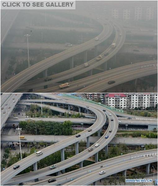 Combination photo taken on Oct 9, 2014 (upper) and Oct 13, 2014 (lower) shows a sharp contrast of the urban area of Shijiazhuang, capital of north China's Hebei province, during and after the smoggy days. A heavy wind coming with a cold front on Oct 12 blew away fog and smog which lingered in the city for several days. (Xinhua/Mo Yu) 