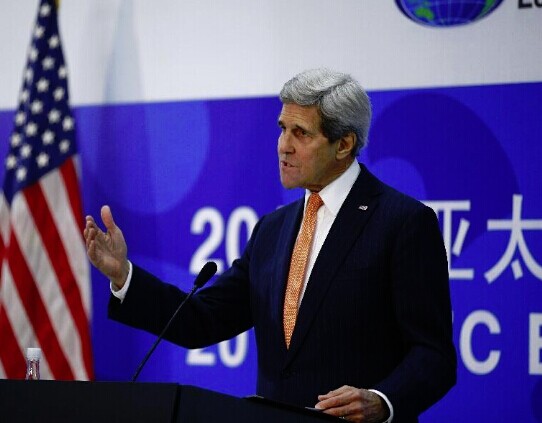 U.S. Secretary of State John Kerry, who comes to attend the 26th APEC Ministerial Meeting, holds a press conference at the China National Convention Center in Beijing, China, Nov. 8, 2014. (Xinhua/Yin Gang)