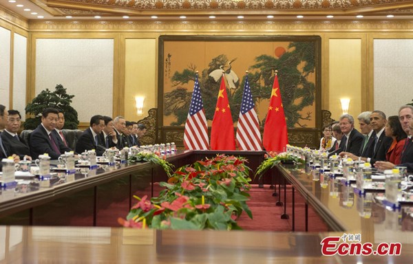 Chinese President Xi Jinping holds talks with his US counterpart Barack Obama on Wednesday, Nov 12, 2014. (Photo: China News Service/Liao Pan) 