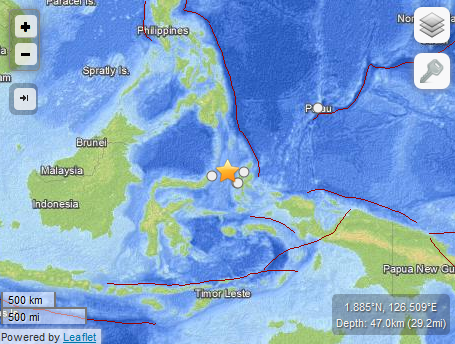 This photo shows an earthquake measuring 7.3 on the Richter scale jolts 144 km North West of Kota Ternate in northern Indonesia at 10:31:43 am local time (023143 GMT) on Saturday. (Photo / USGS)