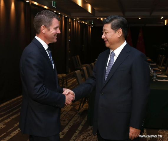 Chinese President Xi Jinping (R) meets with New South Wales Premier Mike Baird in Sydney, Australia, Nov. 19, 2014. (Xinhua/Pang Xinglei)