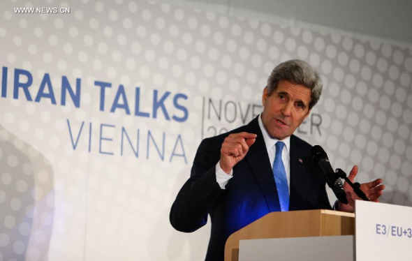 US Secretary of State John Kerry attends a press conference in Vienna, Austria, Nov. 24, 2014. Sides will meet again in December to discuss the tough Iranian nuclear issue, and the expert-level meeting will start soon, aiming at an political deal within four months, US Secretary of State John Kerry told reporters on Monday. (Xinhua/Zhang Fan)
