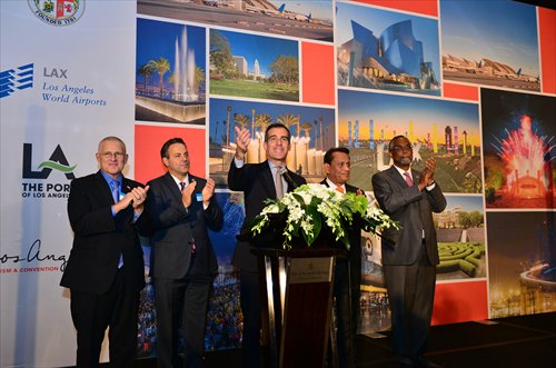 Los Angeles Mayor Eric Garcetti (middle) at Discover L.A. in Shanghai with his delegation last Wednesday. (Photo: Courtesy of Los Angeles Tourism & Convention Board)
