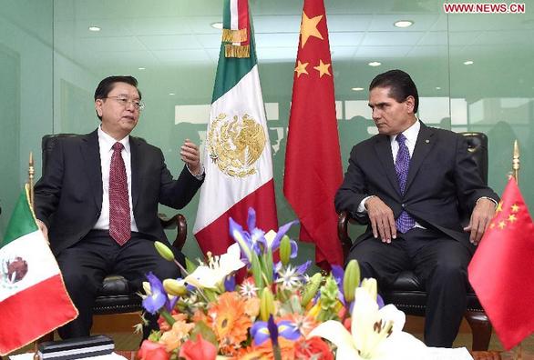 Zhang Dejiang (L), chairman of the Standing Committee of China's National People's Congress (NPC), meets with President of Mexican Chamber of Deputies Silvano Aureoles Conejo in Mexico City, Mexico, on Nov. 26, 2014. Zhang Dejiang is in Mexico for an offcial goodwill visit. (Xinhua/Liu Jiansheng) 