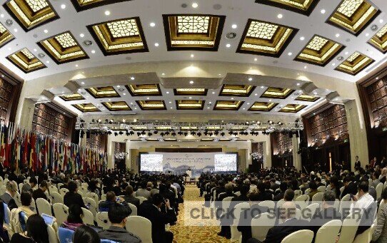 Delegates attend the opening ceremony of the World Internet Conference in Wuzhen, east China's Zhejiang Province, Nov. 19, 2014. Representatives from nearly 100 countries and regions took part in the three-day Internet conference. (Xinhua/Ju Huanzong)