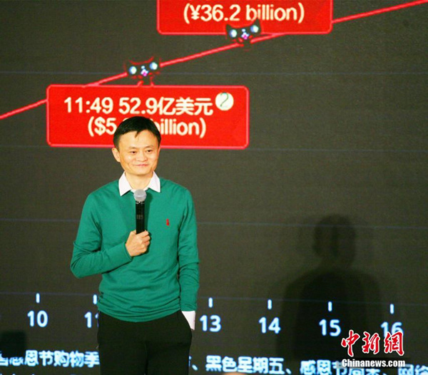 Jack Ma, chairman of Alibaba Group, speaks in front of a big screen during the Nov 11 Singles' Day shopping spree at Alibaba headquarters in Hangzhou city, East China's Zhejiang province, on Nov 11 2014. [Photo: China News Service / Li Chenyun]