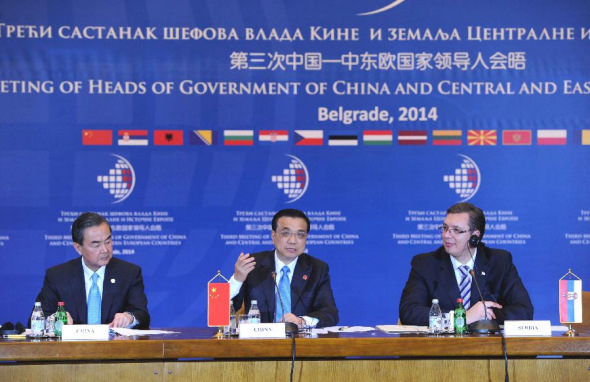 Chinese Premier Li Keqiang (C) addresses the third China-Central and Eastern European (CEE) Leaders' Meeting in Belgrade, Serbia, on Dec. 16, 2014. (Xinhua/Rao Aimin)