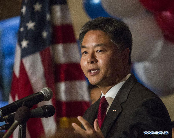 Democratic Party California State Senator Ted W. Lieu speaks with his supporters during an election night party in Los Angeles, the United States, Nov 4, 2014. Ted W. Lieu was the third Chinese American to be elected as US Congressman during this year's US midterm elections. [Photo/Xinhua]  