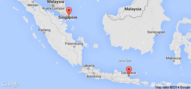 AirAsia flight QZ8501 route (Google Maps)